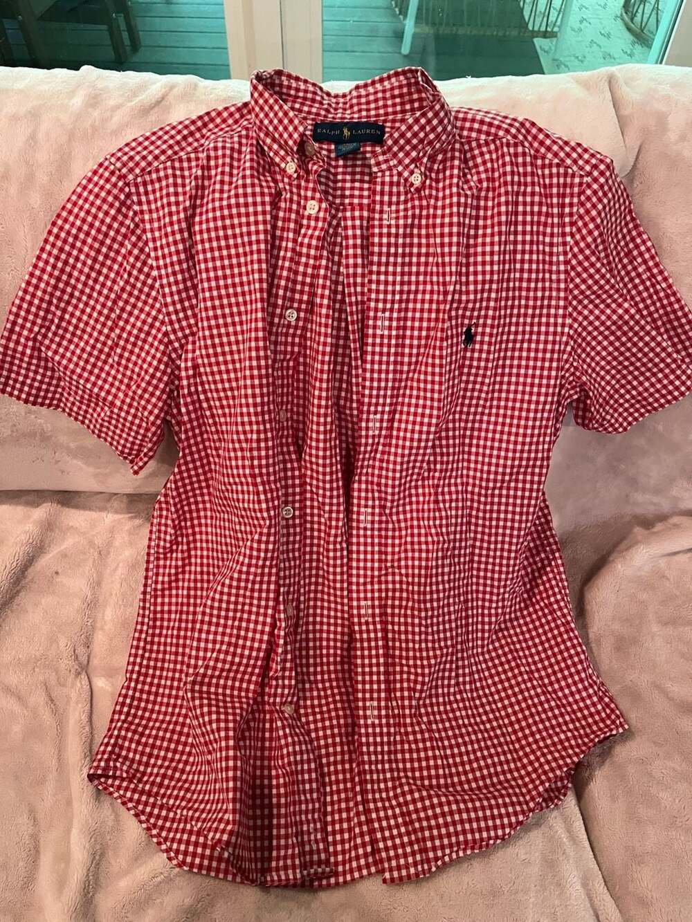 Ralph Lauren Boys Red White Gingham Check Short Sleeve Button Down Shirt XL 18-2